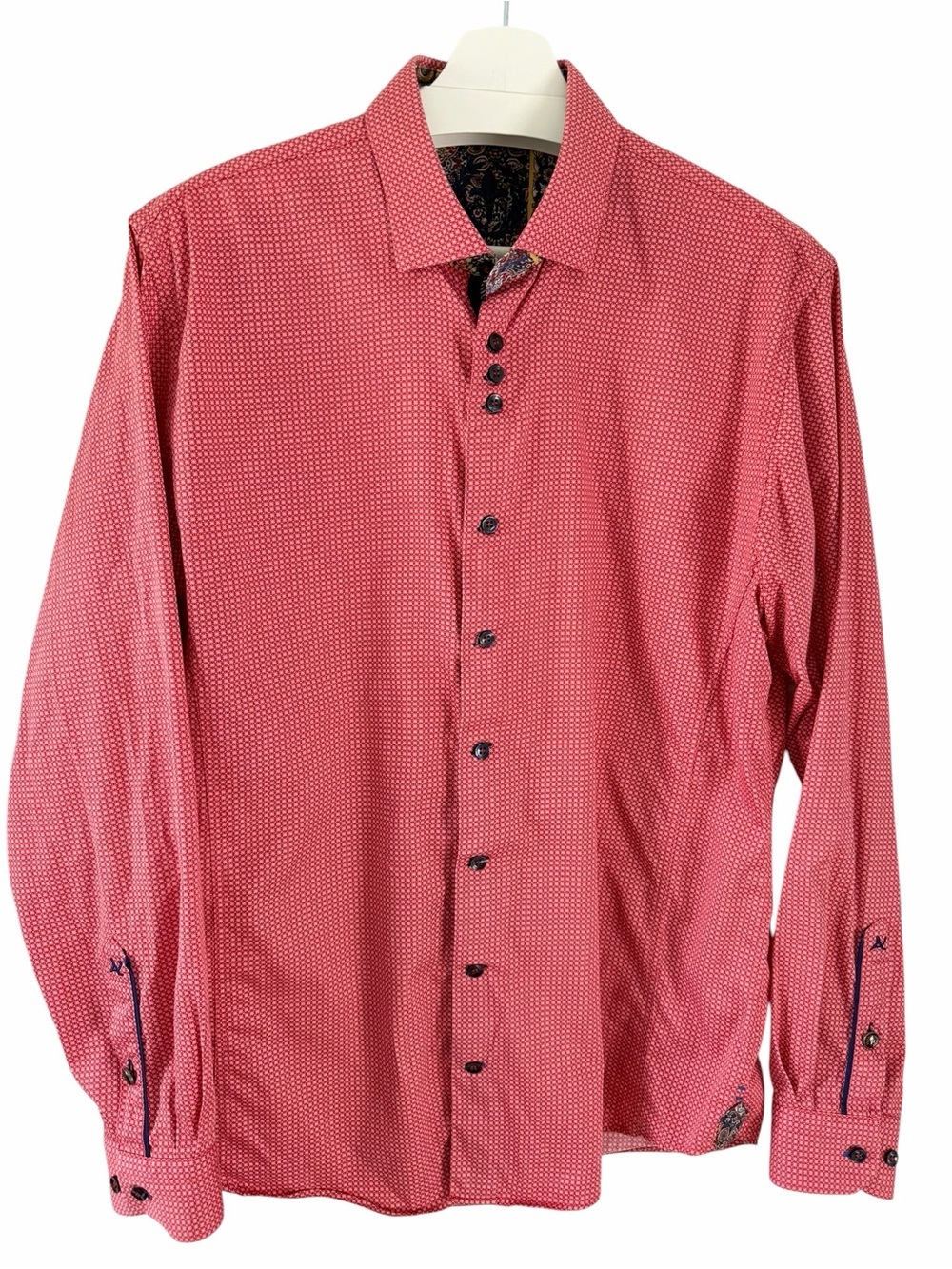 AU NOIR Red Geometric Pattern Button-Up Dress Shirt Contrast Trim large